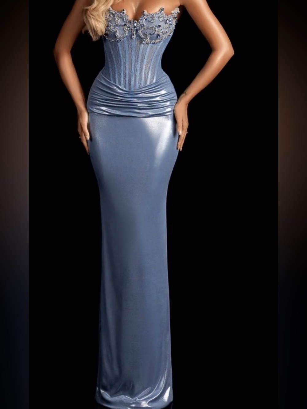 Strapless Embellished Corset Satin Gown in Dusty Blue